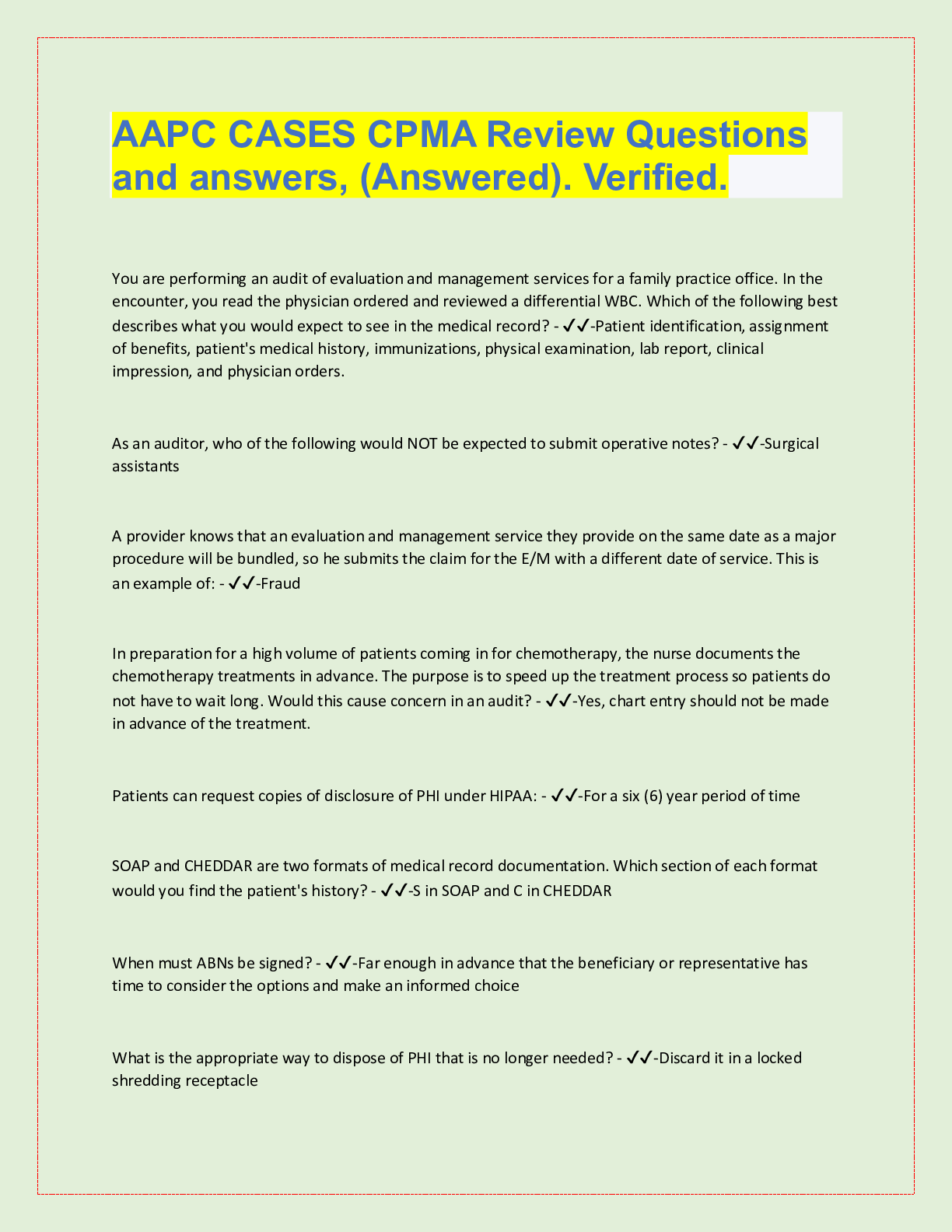 Preview image for AAPC CASES CPMA Review Questions  and answers, (Answered). Verified.